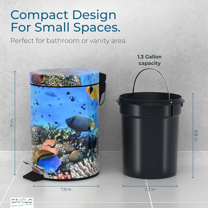 Sanilo Small Bathroom Trash Can with Lid [1.3 Gallon] - Lidded Tiny Trashcan for Garbage - Mini Metal Bin with Soft Closing Mechanism - Bath Room Accessoire Wastebin with Inner Bucket (Ocean) - Image 5